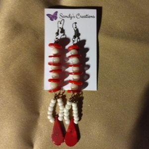 One pair of Raw Red Coral and white glass beads earrings